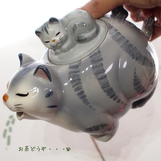 猫型ティポット 手描き 瀬戸焼 日本製 灰トラ猫 三毛猫 ハンドペイント