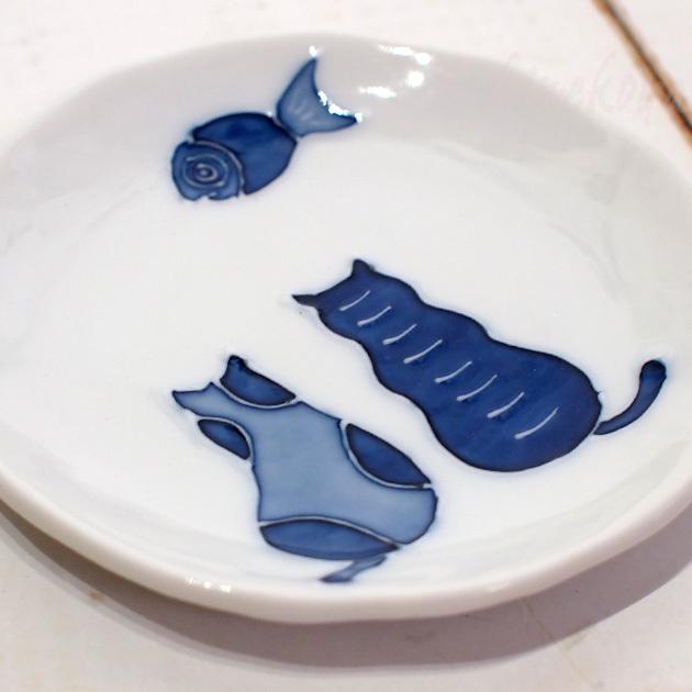 お皿 小皿 藍猫 ネコ柄 瀬戸焼 手描き一珍 和風 和陶器 取り皿