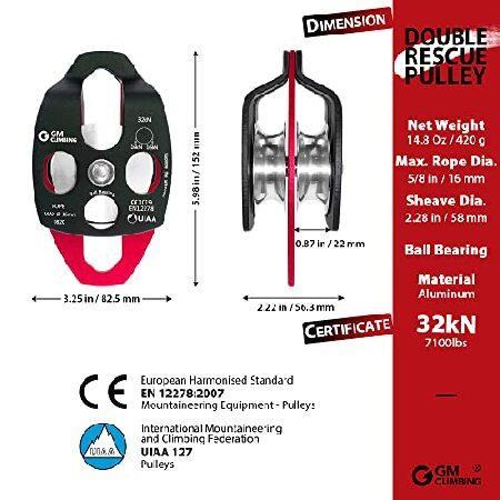 GM CLIMBING 32kN UIAA Certified Large Rescue Pulley Single/Double Sheave with Swing Plate CE/UIAA (Black)｜yukinko-03｜02