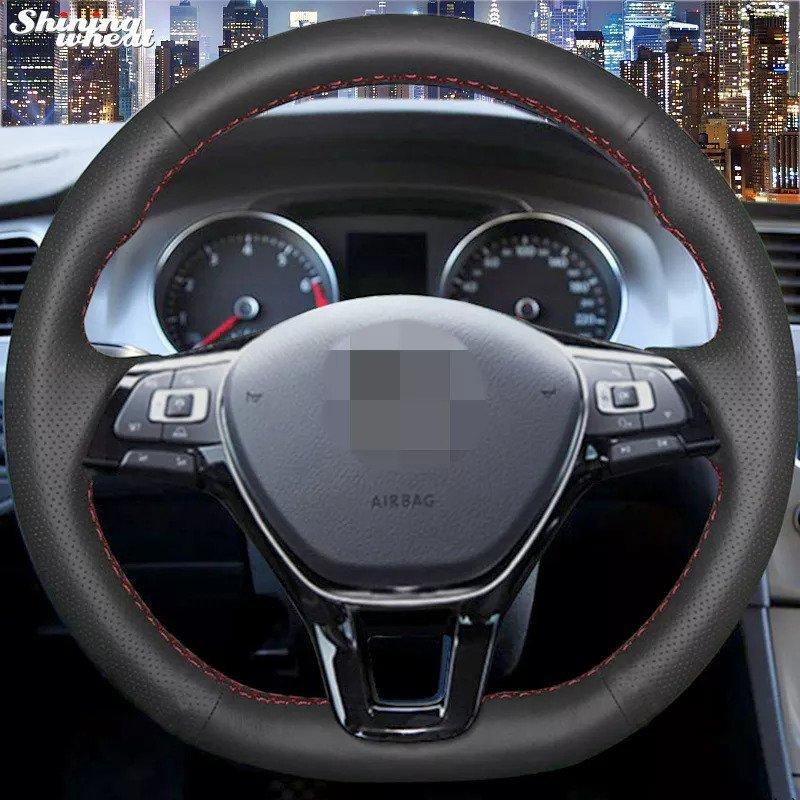 手ステッチブラックレザーステアリングホイールカバーフォルクスワーゲンvw ゴルフ 7 Mk7ポロ ジェッタ パサート B8 auto