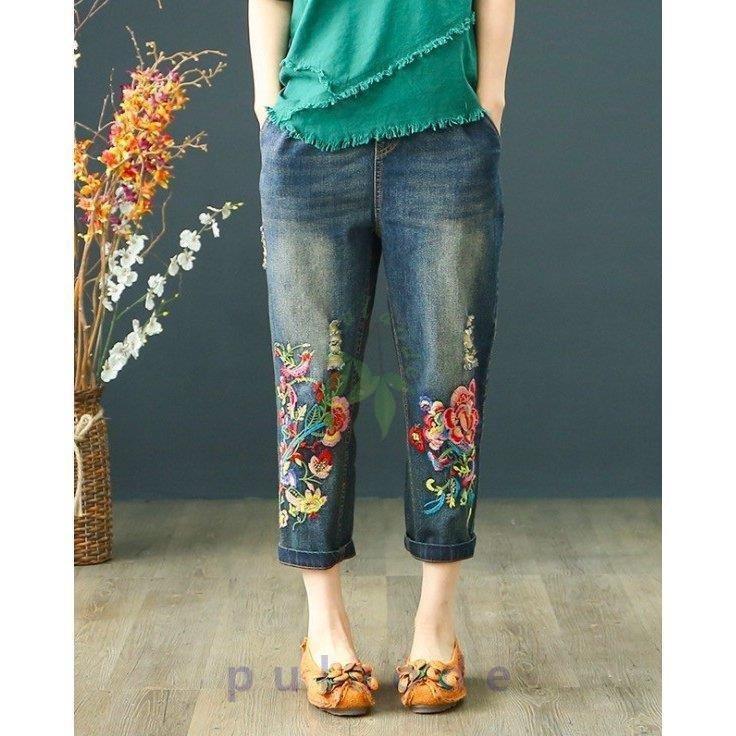 花柄刺繍デニムパンツ レディースデニムクロップドパンツ ジーパン春七分丈ジーンズ夏ダメージパンツ民族風ボトムス ズボン７分丈パンツ ジーンズ Xrkxe8id5u レディースファッション Windowrevival Co Nz