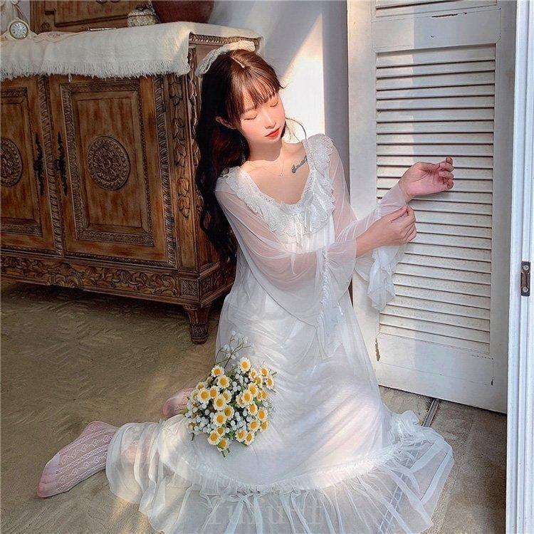 超歓迎 ネグリジェ春秋長袖ネグリジェ姫風ワンピースロング丈レースネグリジェシースルーナイトロープルームウェアパジャマレディース大人可愛い ネグリジェ サイズ S Www We Job Com