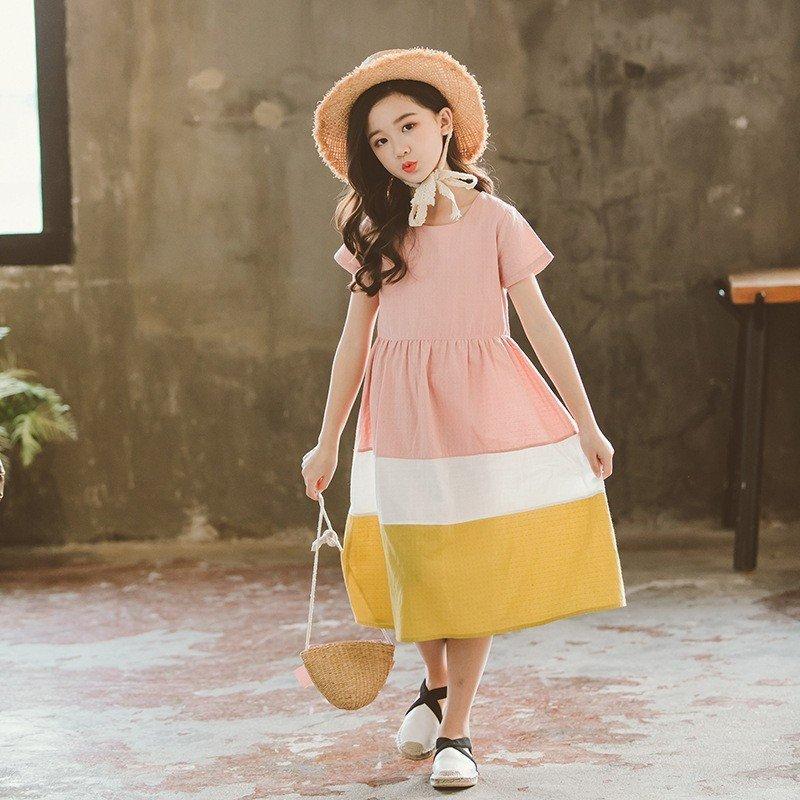 女の子 夏ワンピース 韓国ファション ガールズ キッズワンピース 春春夏 子どもドレス ジュニア 半袖 Aライン ロング丈 かわいい 通園通学 人気 驚きの安さ