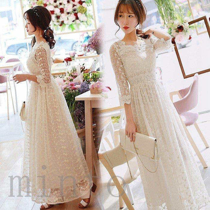 ロングドレス ワンピースドレス レディース 春夏 きれいめ 結婚式 ワンピース 白 マキシ丈 上品 レース ロング丈 ドレス 五分袖 40代 大人 オシャレ Min 0 Yukinselection 通販 Yahoo ショッピング