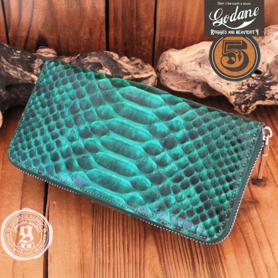 【ダイヤモンドパイソン使用】長財布 メンズ ラウンドファスナー 本革 蛇革 グリーン×タン シルバー金具 GODANE ゴダン 正規品 | 