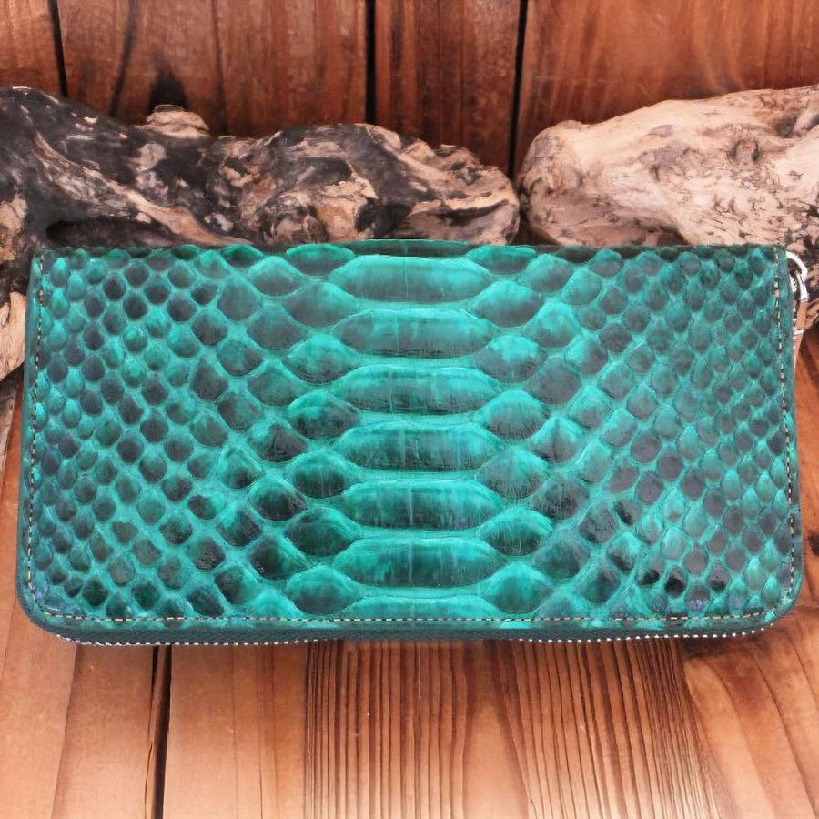 【ダイヤモンドパイソン使用】長財布 メンズ ラウンドファスナー 本革 蛇革 グリーン×タン シルバー金具 GODANE ゴダン 正規品 |  | 01