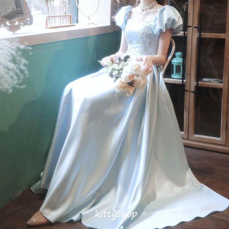 イブニングドレス ブルー 水色 サテン ドレス 結婚式ドレス イブニングドレス ブルー 水色 サテン ドレス 結婚式ドレス
