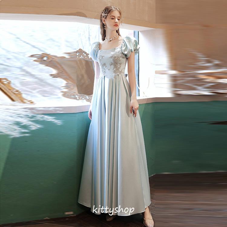 スタンダードドレス ブルーストレッチサテンにモチーフ❣️裾羽根パープル❣️Mサイズ ストレッチサテンドレス - HULA LOT MART