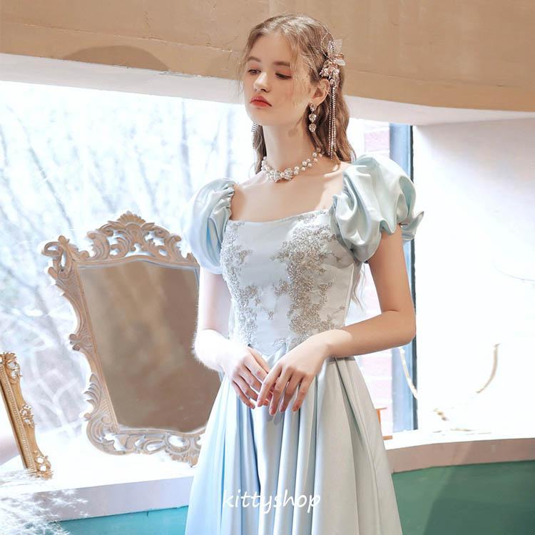 イブニングドレス ブルー 水色 サテン ドレス 結婚式ドレス イブニングドレス ブルー 水色 サテン ドレス 結婚式ドレス