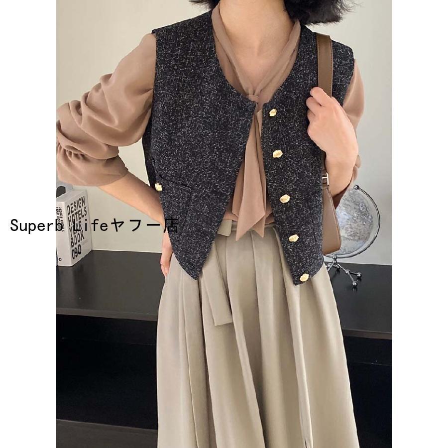 レディース 春 秋ツイード 風合い ジレ ス コート ショート丈 前 レディース 春 秋ツイード 風合い ジレ ス コート ショート丈 前