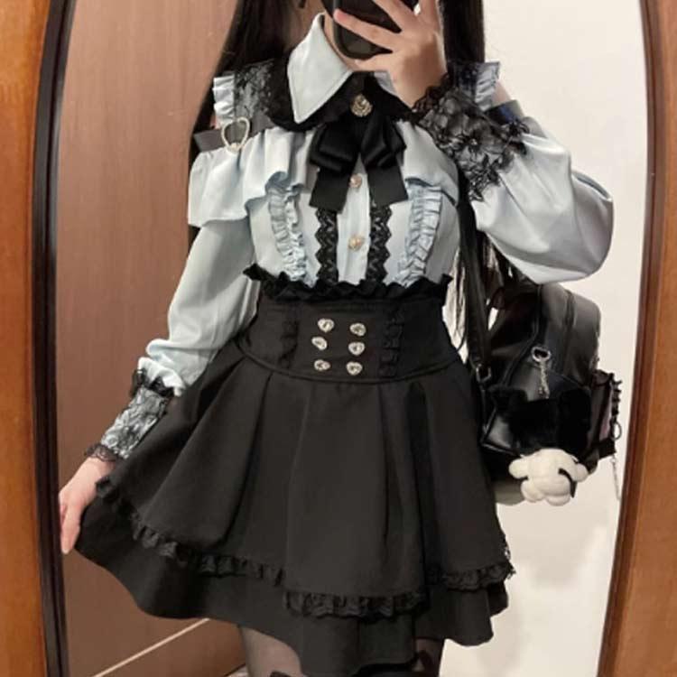 オープンショルダー 地雷系 リボン 服 レース フリル 病みかわいい
