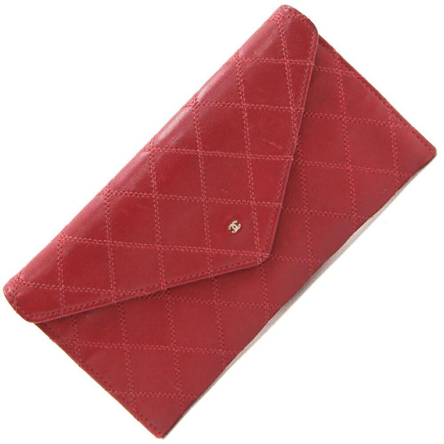 シャネル 二つ折り長財布 マトラッセ レッド レザー 中古 ココマーク 