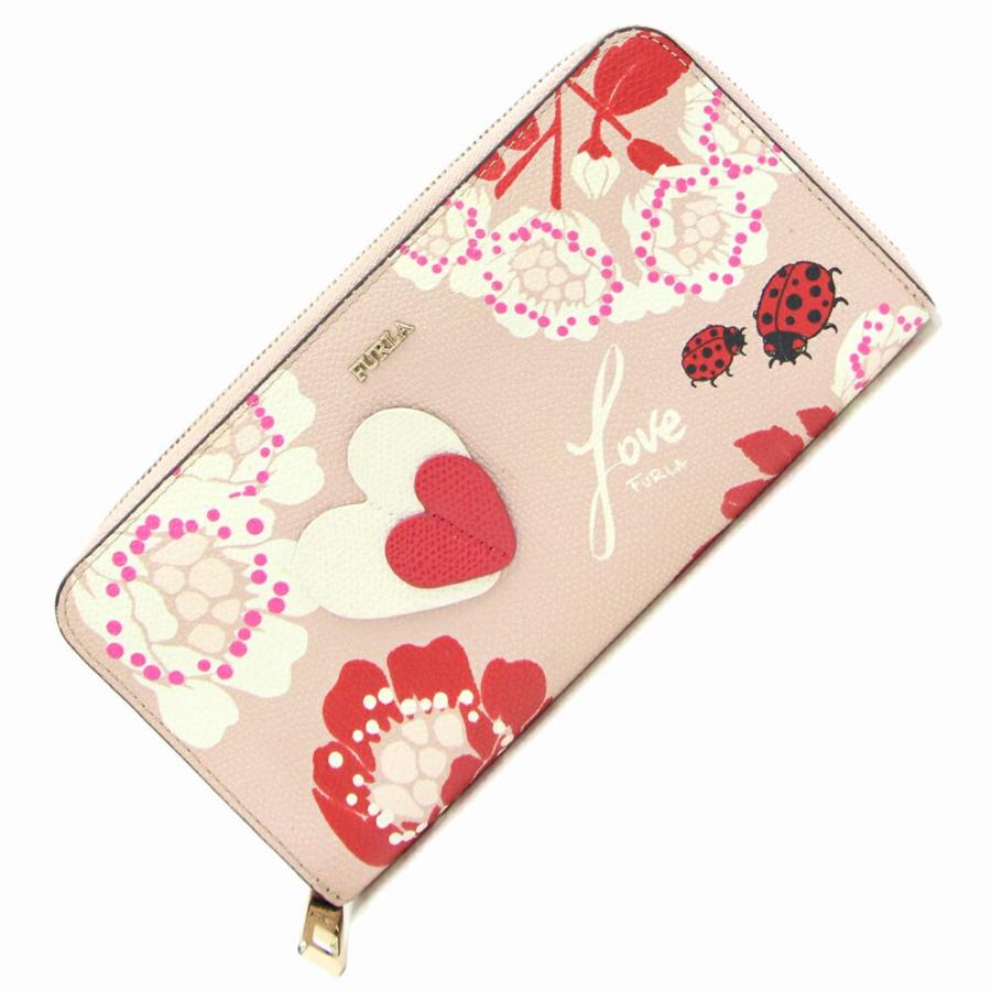 フルラ ラウンドファスナー長財布 ピンク レッド ホワイト レザー 中古 