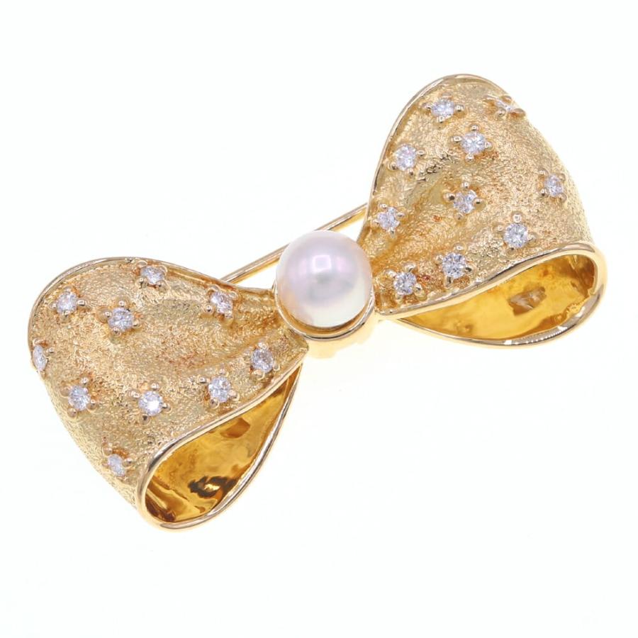 ミキモト ブローチ パール ダイヤモンド リボンモチーフ K18 YG 中古  