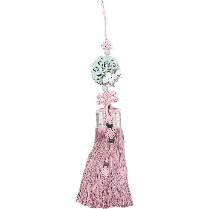 シルク手彫り新翡翠とパール花装飾ノリゲ コーラルピンク