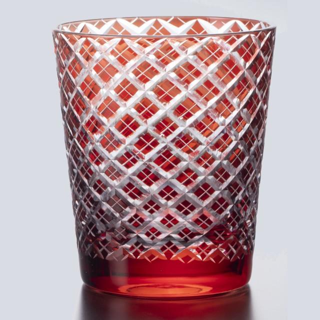 ほぼ未使用 薩摩切子 紅被硝子 籠目 高杯 江戸びいどろ ペアグラス 木箱付き ほぼ未使用 薩摩切子 紅被硝子 籠目 高杯 江戸びいどろ