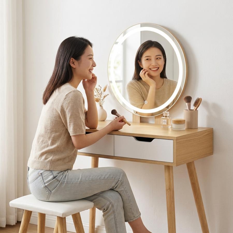 ドレッサー 丸型ミラー直径52cm 3色LED 明るさ無段階調整 引き出し