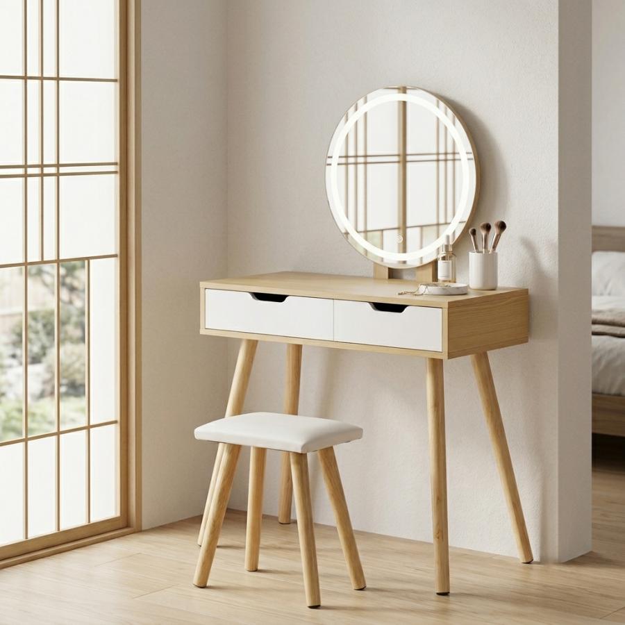 木製ドレッサー・鏡台 丸型ミラー付き　椅子別売 ドレッサー 丸型ミラー直径52cm 3色LED 明るさ無段階調整 引き出し