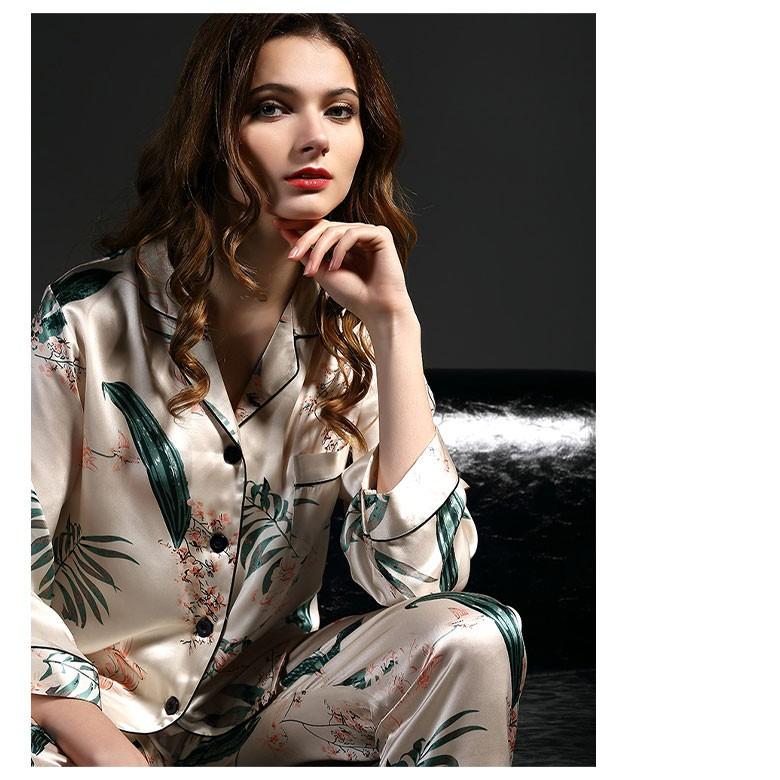 パジャマ ボタニカル柄 エレガント シルク100％ レディース 花柄