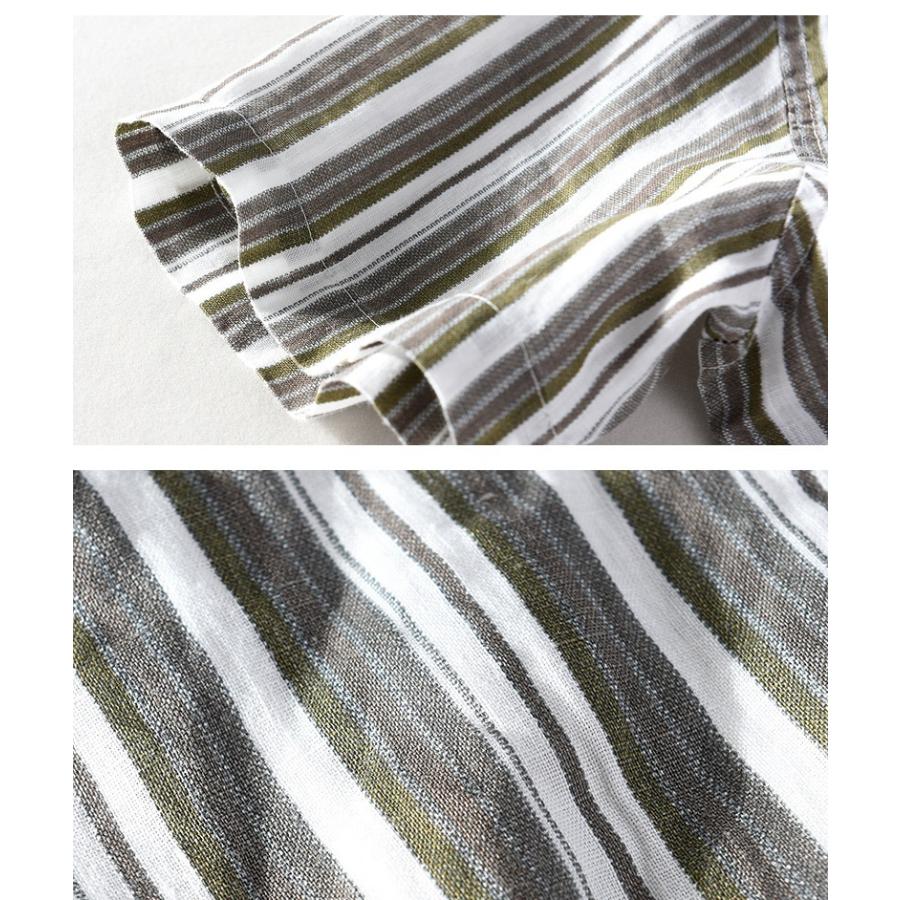 リネンシャツ 半袖 カジュアルシャツ ストライプ トップス ノーカラー ヘンリーネック メンズ リゾート リネン 夏 快適 爽やか 通気 限定販売 メンズ