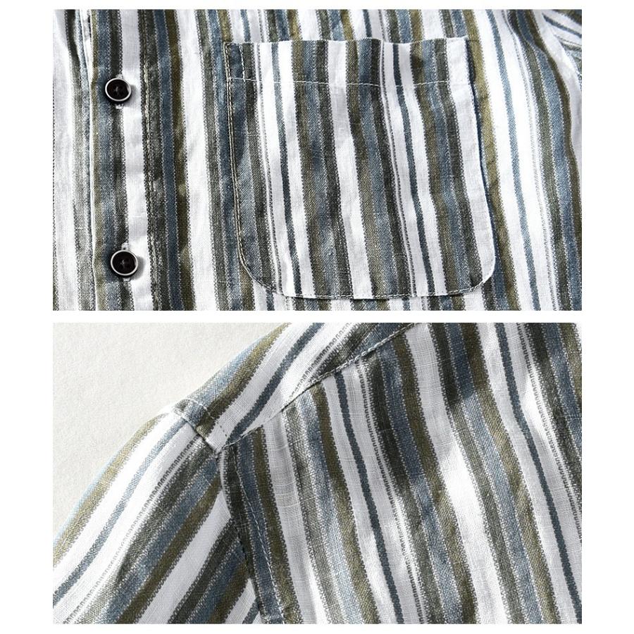 リネンシャツ 半袖 カジュアルシャツ ストライプ トップス ノーカラー ヘンリーネック メンズ リゾート リネン 夏 快適 爽やか 通気 限定販売 メンズ