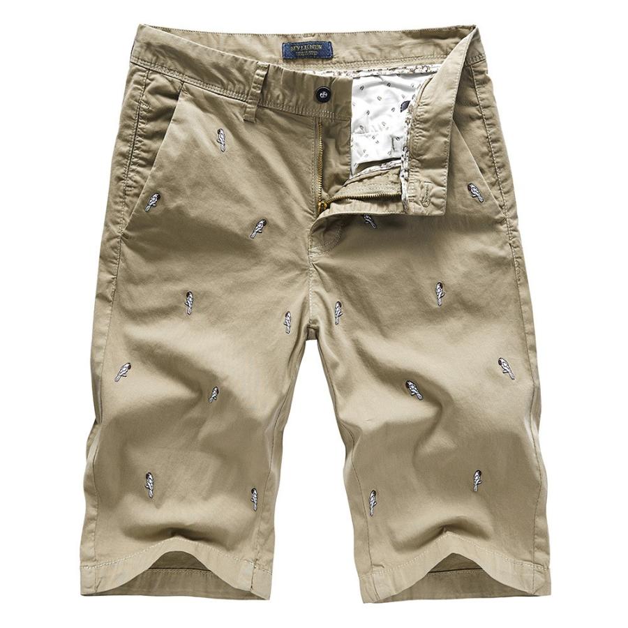 ホームアイホーム メンズ ハーフパンツ 総柄 刺繍入り スリム 鳥仕様