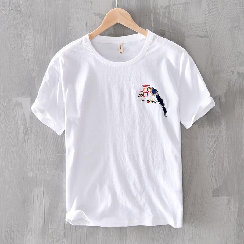 半袖tシャツ メンズ 無地 ワンポイント 刺繍入り 鳥 花 リネン 通気 涼しい 新作 カットソー 夏物 Dt2616 夢価格 通販 Yahoo ショッピング