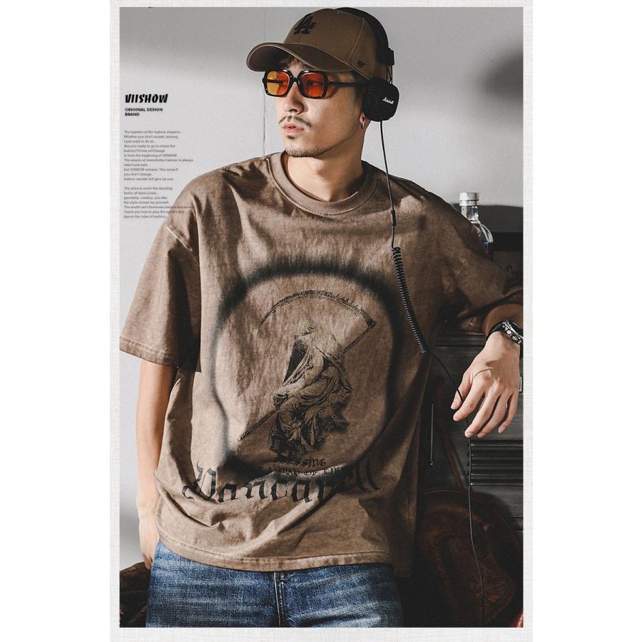 Tシャツ 半袖 ウォッシュ加工 レトロ プリント イラスト 個性 ビッグシルエット Oversize かっこいい 丸首 100 綿 Logo Dt8686 夢価格 通販 Yahoo ショッピング