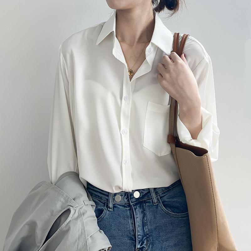 ブラウス 白シャツ レディース 長袖 無地 ポケット付き 体型カバー オーバーサイズ 羽織り トップス きれいめ 通勤 オフィス Nccs05 夢価格 通販 Yahoo ショッピング