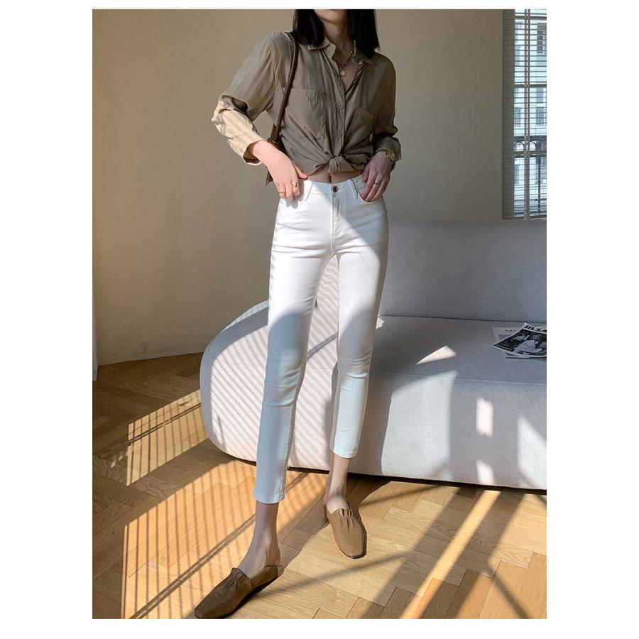 クリーム色 スリムフィットデニムパンツ ホームアイホーム デニムパンツ スキニージーンズ レディース 九分丈