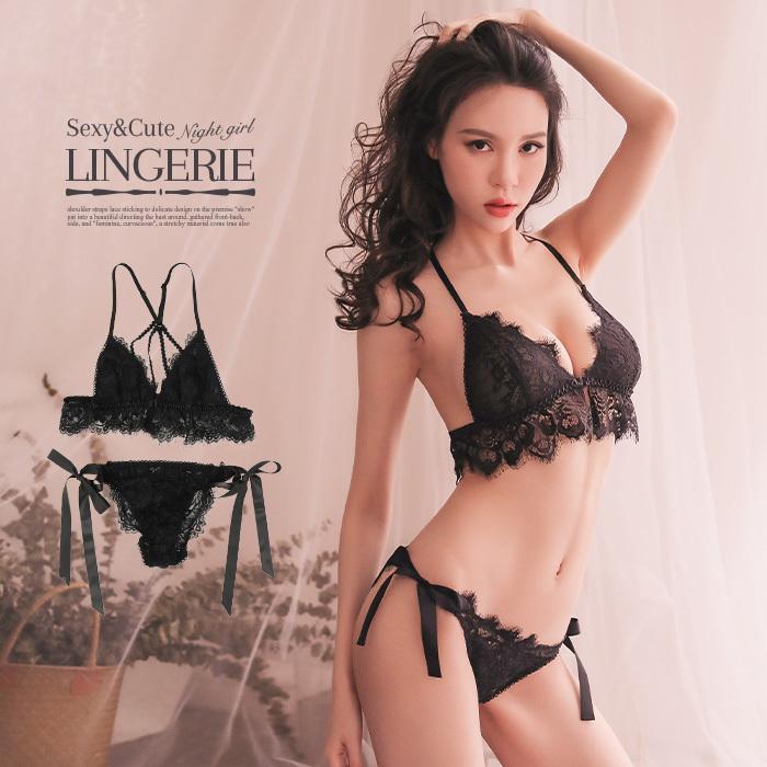 セクシー ランジェリー 可愛い ブラ 上下セット 透け レース シースルー メッシュ ブラジャー ショーツ ブラ ブラック 黒ブラ 紐パン Bh7329 夢line 通販 Yahoo ショッピング