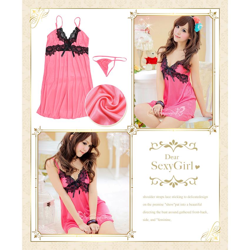 ベビードール セクシー ランジェリー サテン スリップドレス ピンク