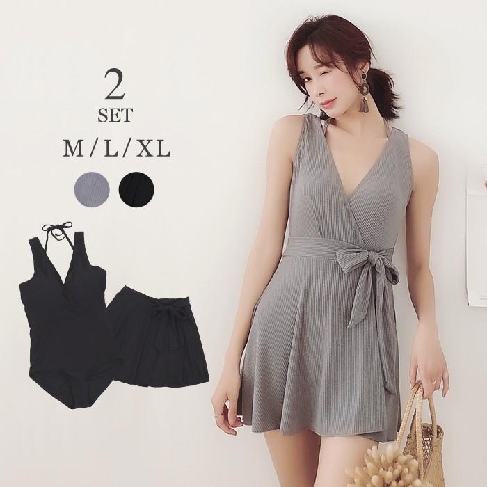 水着 レディース ワンピース 体型カバー 黒 グレー フレアスカート セット オトナ女子 モテ リゾート 無地 リブ ニット オールインワン タンキニ Bl04 夢line 通販 Yahoo ショッピング