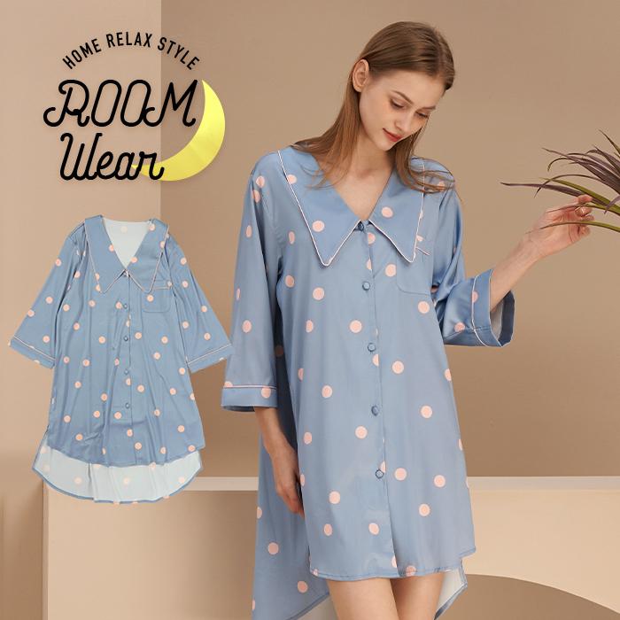 ドット柄 ビックシャツ ワンピース ルームウェア パジャマ シャツルームウェア ロング 部屋着 大きいサイズ レディース 柄 ブルー 通販 Bq 夢line 通販 Yahoo ショッピング