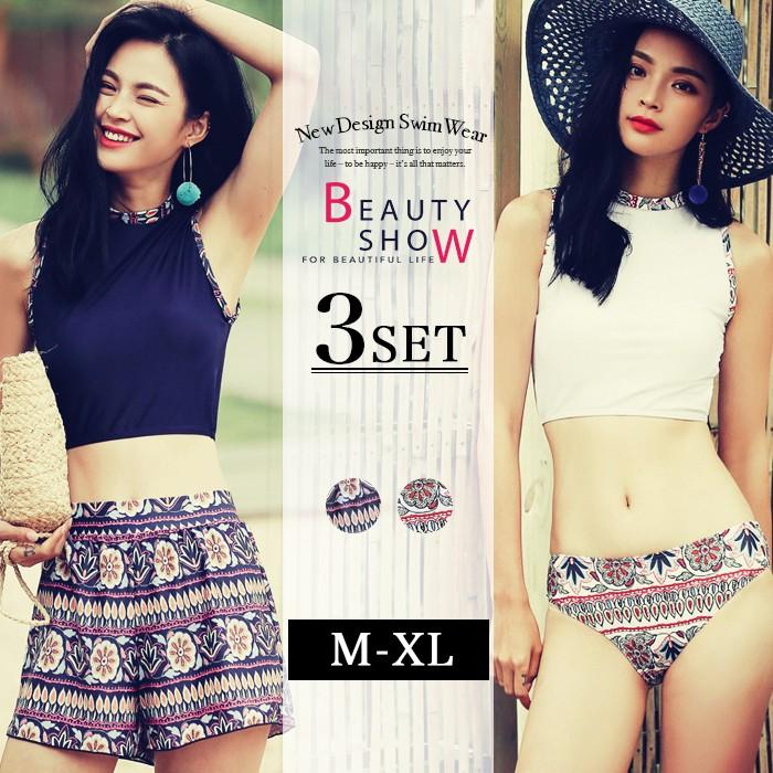 返品交換不可商品 ハイネック水着 黒 エスニック柄 ショートパンツ 3点セット タンキニ 水着 女性 Hsq8717 夢line 通販 Yahoo ショッピング