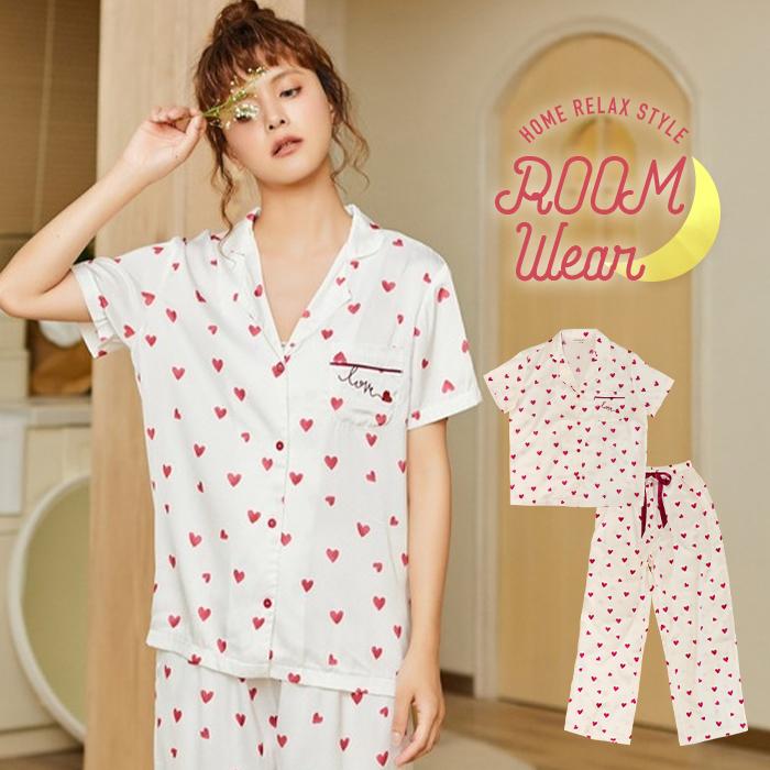 パジャマ レディース サテンルームウェア 半袖 可愛い 長ズボン 夏用 前開き ハート柄 シャツ ルームウェア 上下セット Os1029 夢line 通販 Yahoo ショッピング