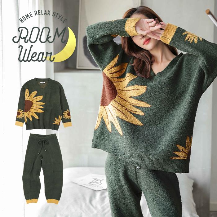ルームウェア レディース 冬 もこもこ もこもこ 部屋着 パジャマ 上下 セット 柄 長袖 グリーン ひまわり 可愛いパジャマ ヒマワリ Os 夢line 通販 Yahoo ショッピング