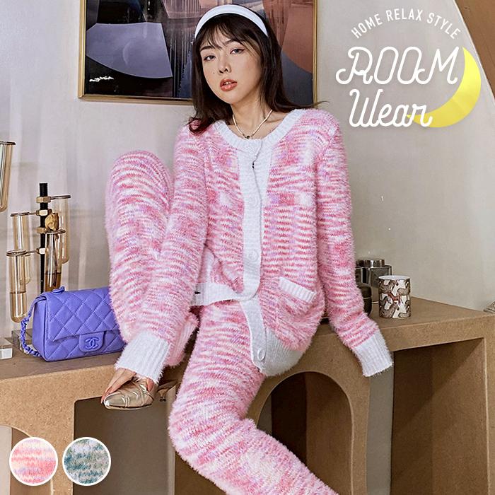 ルームウェア レディース 上下セット もこもこ もこもこ 長袖 冬 ニット カーディガン ロングパンツ パジャマ グリーン ピンク メランジ 部屋着 可愛い Ss8076 夢line 通販 Yahoo ショッピング