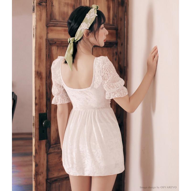 水着 レディース 体型カバー レース ベロア パフスリーブワンピース水着 白 Viki186 夢line 通販 Yahoo ショッピング