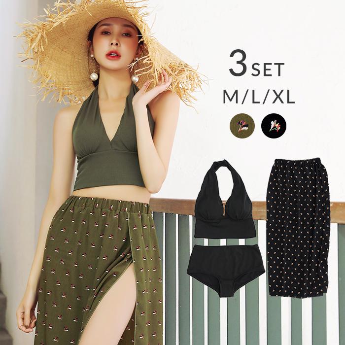 水着 レディース 体型カバー ビキニ 3点セット セクシー スリット入り スカート付き ロング丈 ホルターネックトップ 黒 ブラック カーキ リブ素材 セット水着 Viki246 夢line 通販 Yahoo ショッピング