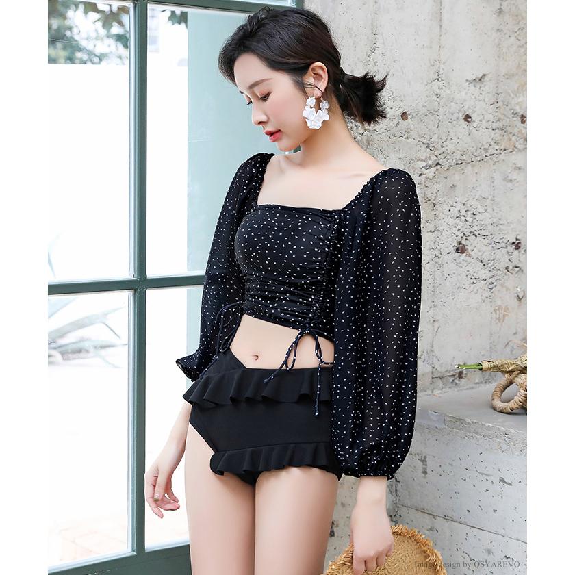 春早割 水着 L セパレート 白 パフスリーブ レース 胸元ギャザー フレア 水着 L セパレート 白 パフスリーブ レース 胸元ギャザー フレア
