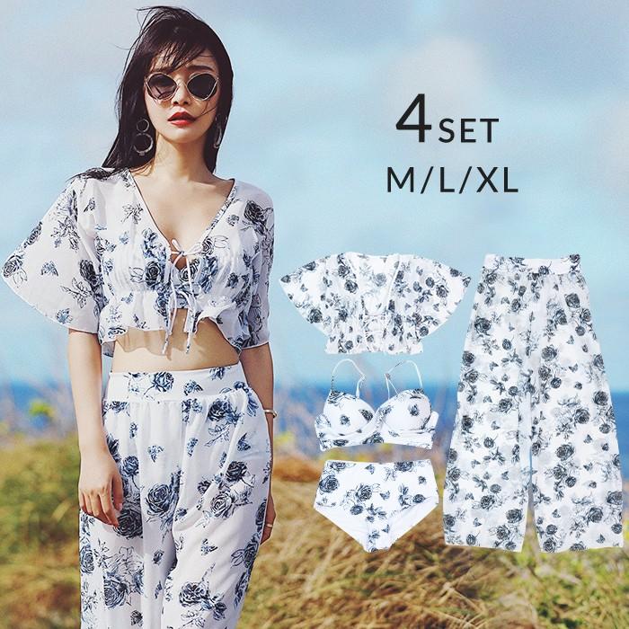 アイスフラワー ビキニ 水着 レディース トップス ロングパンツ 4点セット 白 Viki911 夢line 通販 Yahoo ショッピング