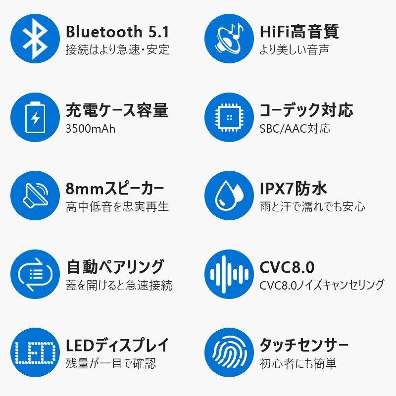 ワイヤレスイヤホン Bluetooth イヤホン 第2世代 最新bluetooth5.1 Hi-Fi高音質 LEDディスプレイ 220時間持続駆動 IPX7防水｜yumenomori｜04