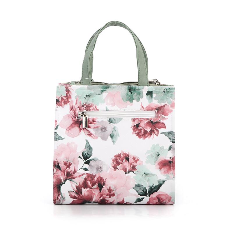 鮮やかな花柄が目を引く華やかで上品な3室式手提げバッグ（グリーン系