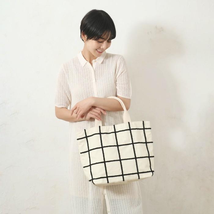 レディース格子柄チェックトートバッグ/ネイビーxアイボリー : ゆめ