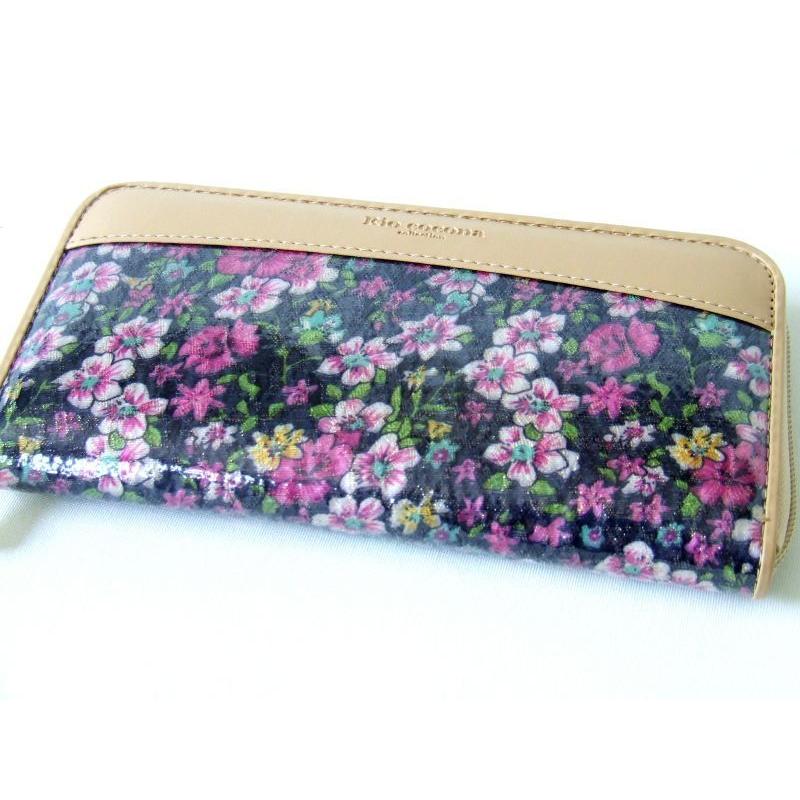 値下げ＞絵画風小花柄ラウンド長財布（ブラック） : ゆめのれんドット