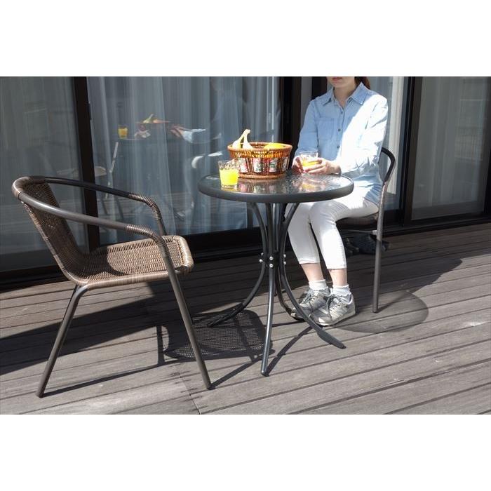 ラタン調ガーデンチェアー・ガラステーブルセット 60cm テーブル1台 + チェア2脚 谷村実業