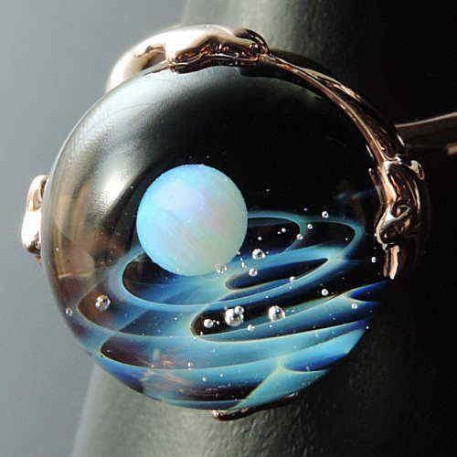 1点物 オリジナル ホワイトオパール入り 宇宙ガラスリング ピンク