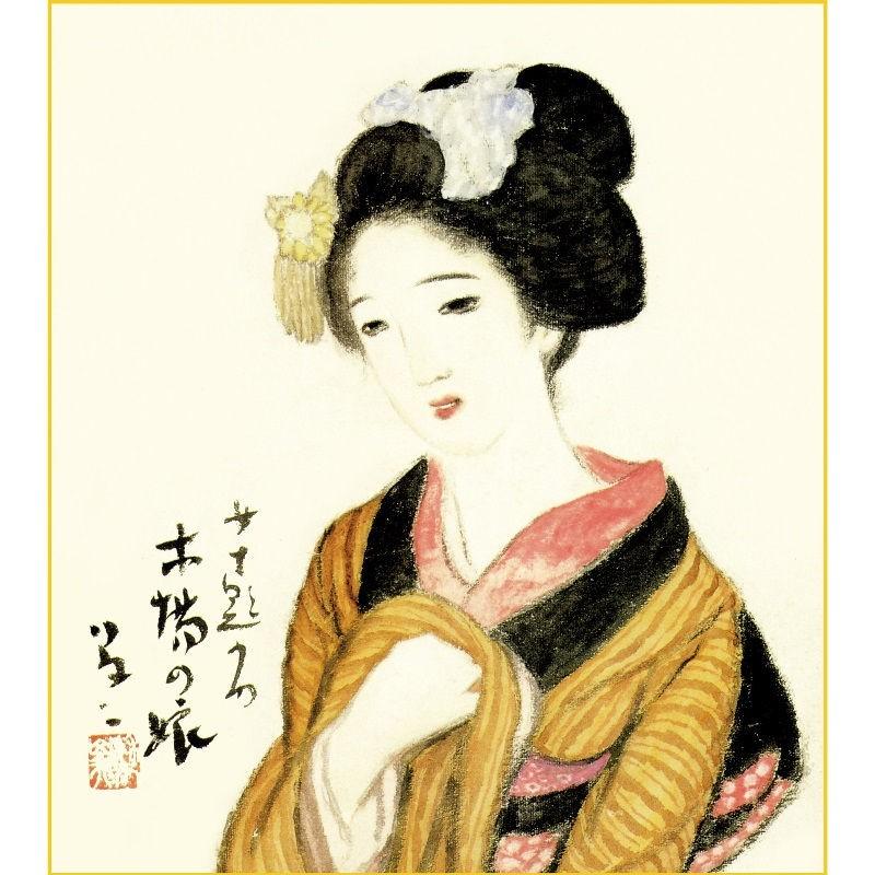 竹久夢二　色紙　木製フレーム 竹久夢二 浮世絵 すらりとした立ち姿、縦長の既製額が最適です