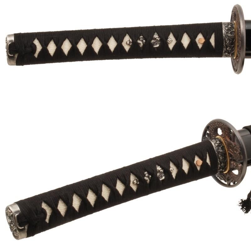 高級模造刀大小2本 坂本龍馬拵え 黒柄 龍彫透し丸